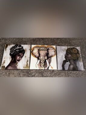 Set of 3 African-Inspired Canvas Art Prints - Neutral Tones with Gold Accents